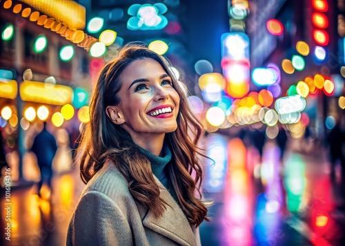 Happy Beautiful Woman at Night  Captivating City Lights  Vibrant and Joyful Atmosphere  Relaxing Evening Vibes  Bright