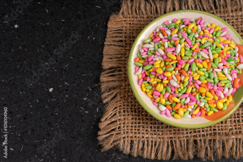 Sugar coated colorful candy wrapped around fennel seeds. Saunf Goli. Mouth Freshner Mix. Indian Mukwas or Mukhvas.