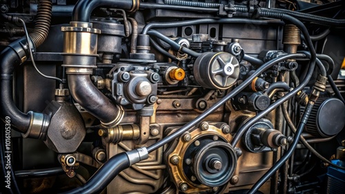 Industrial Diesel Engine Close-Up of Tractor and Combine Harvester for Agriculture Equipment Showcase