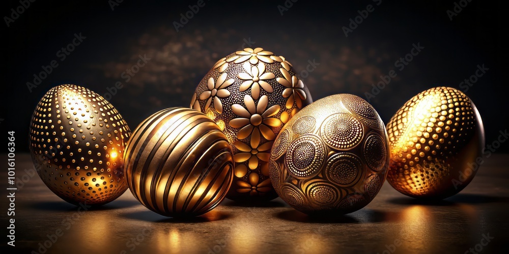 Fototapeta premium Luxury Design Elegant Card with Gold Easter Eggs on Black Background | Vintage Style Photography