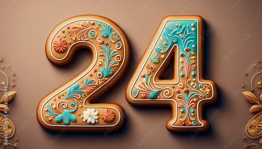 Decorated cookie, number 24, illustration for birthday or anniversary celebration Decorated cookie, number 24, illustration for birthday or anniversary celebration