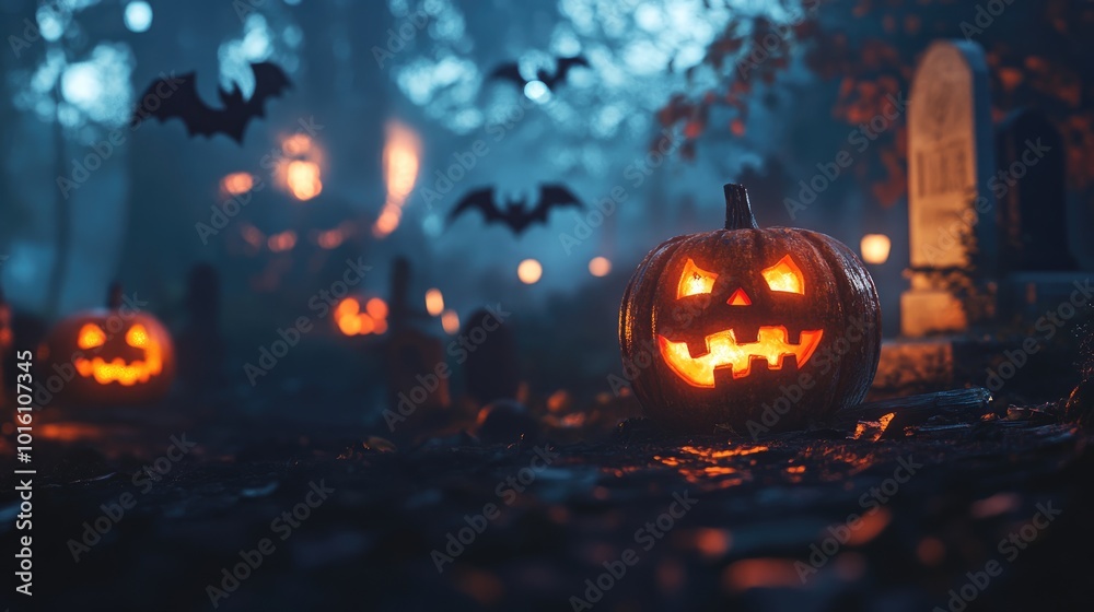 Eerie blurred night scene with glowing pumpkins bats and graveyard Eerie blurred night scene with glowing pumpkins bats and graveyard