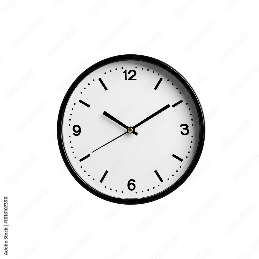 Modern wall clock with black frame, white dial, and minimalistic design. Modern wall clock with black frame, white dial, and minimalistic design.