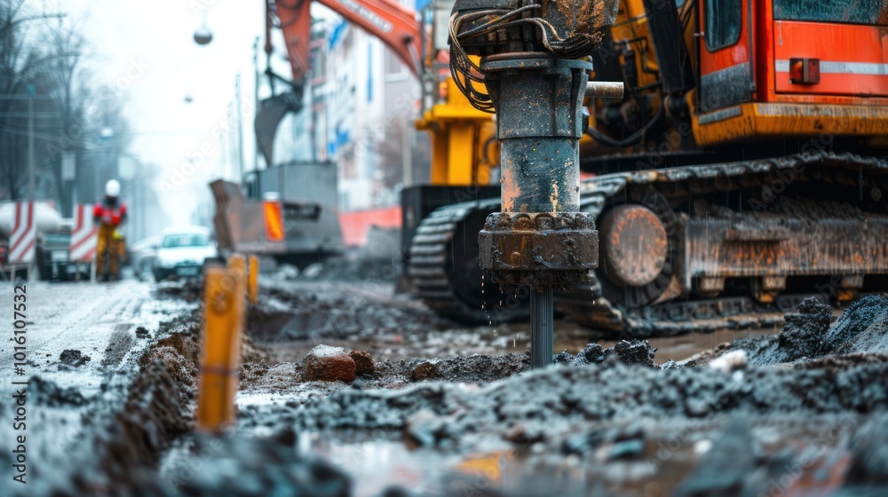 Close-up of an Excavator Drill Bit Dripping Mud in a Snowy Street Close-up of an Excavator Drill Bit Dripping Mud in a Snowy Street
