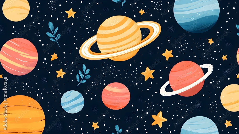 Cosmic Harmony, a vibrant seamless pattern featuring planets and stars, ideal for textiles, wallpapers, and cosmic-themed designs. Cosmic Harmony, a vibrant seamless pattern featuring planets and stars, ideal for textiles, wallpapers, and cosmic-themed designs.