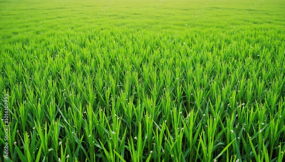 Lush green rice field with vibrant blades and gentle sunlight Lush green rice field with vibrant blades and gentle sunlight