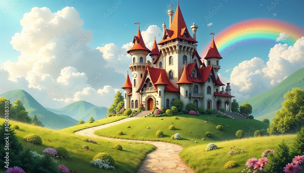 Naklejka premium Fairy-tale castle atop a hill with colorful turrets and a rainbow in a vibrant landscape