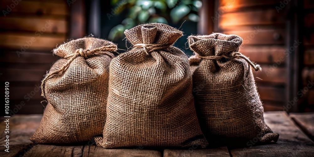 Obraz premium Rustic burlap bags stacked together, perfect for enhancing your decor or crafting unique projects. Ideal for home styling or creative DIY endeavors.