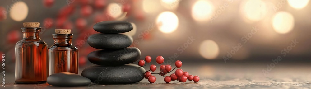 Soothing still life with stones, essential oil bottles, and decorative berries, perfect for wellness and relaxation themes. Soothing still life with stones, essential oil bottles, and decorative berries, perfect for wellness and relaxation themes.
