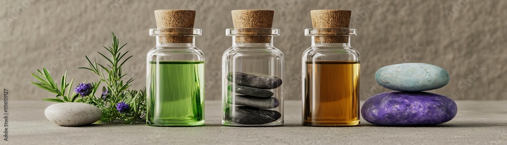 Three glass bottles filled with colorful oils, stones, and herbs on a textured surface, ideal for wellness and relaxation themes. Three glass bottles filled with colorful oils, stones, and herbs on a textured surface, ideal for wellness and relaxation themes.