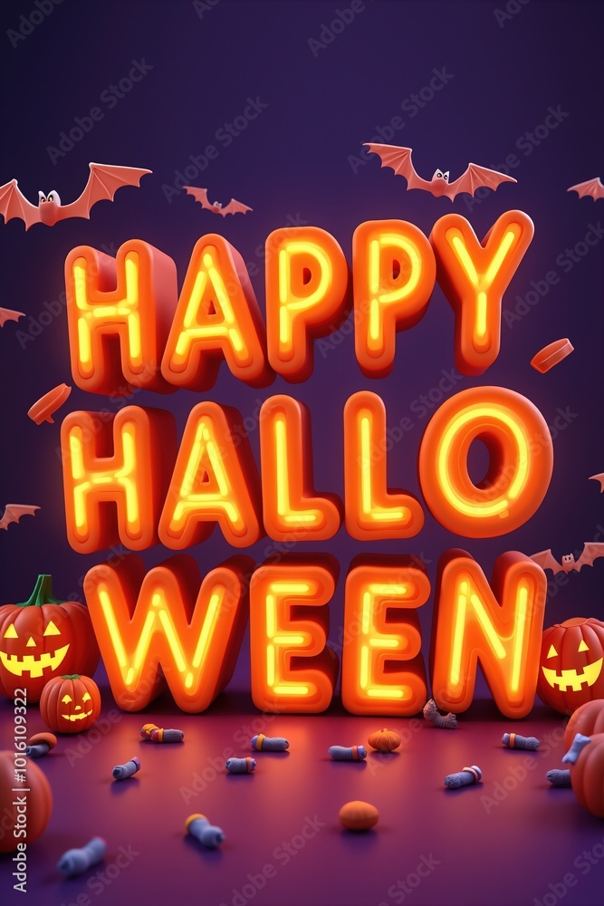 Fototapeta premium Neon Lit Happy Halloween With Bats and Pumpkins Display