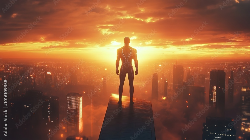 A superhero gazes over a sprawling city skyline at sunset, contemplating the challenges ahead under a vibrant sky A superhero gazes over a sprawling city skyline at sunset, contemplating the challenges ahead under a vibrant sky