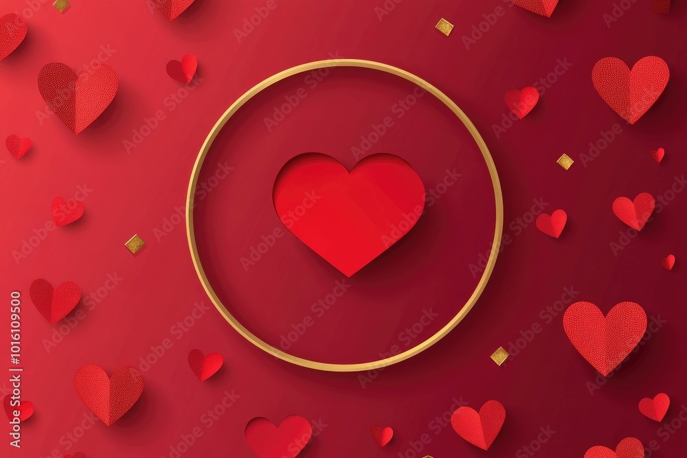 Happy Valentine's Day background with paper hearts and a golden ring frame vector design, vector illustration, flat lay style illustration. center of a circular gold outline on a dark blue background