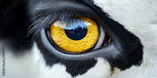 A close-up image of a cow's eye, showcasing its bright golden iris and dark pupil. photo