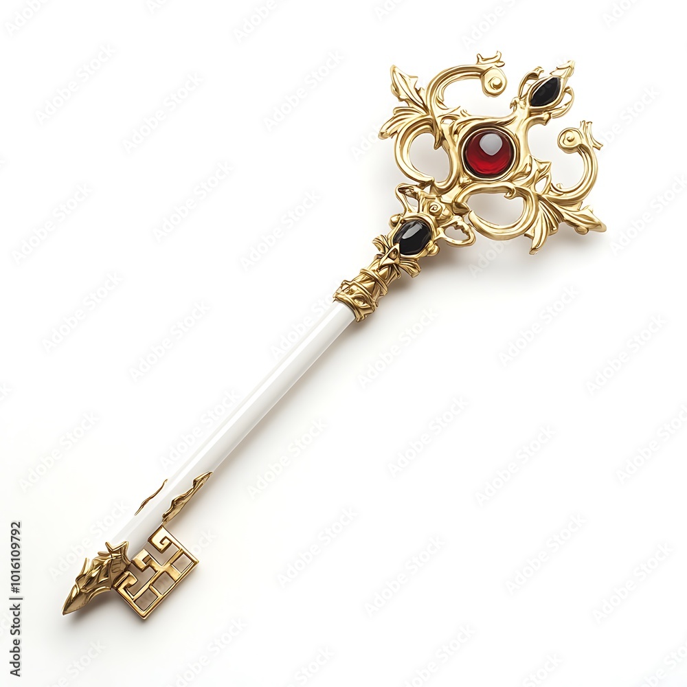 Naklejka premium Ornate Gold Key with Red and Black Gemstones on White Background.