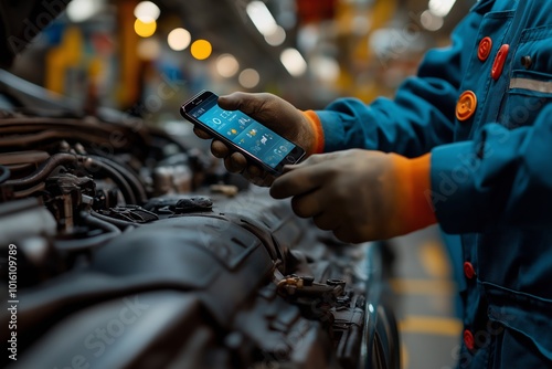 Man is holding a cell phone in his right hand, a wrench in his left hand. Car mechanic using smartphone, hands holding mobile device, modern technology, workshop, service center, communication concept photo