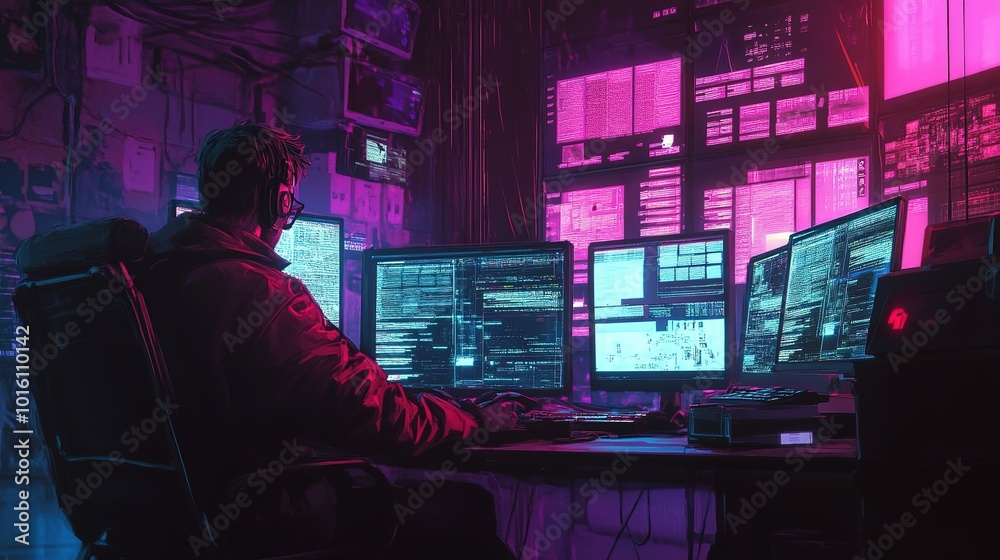 custom made wallpaper toronto digitalA programmer analyzes data with multiple monitors in a high-tech control room during nighttime hours