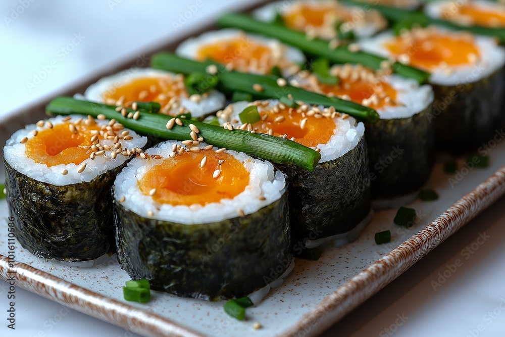 Tray of sushi with a variety of ingredients including avocado, egg, and cucumber. Close-up and top angle view with boiled rice, sesame, egg, carrot and asparagus on rectangular dish Tray of sushi with a variety of ingredients including avocado, egg, and cucumber. Close-up and top angle view with boiled rice, sesame, egg, carrot and asparagus on rectangular dish