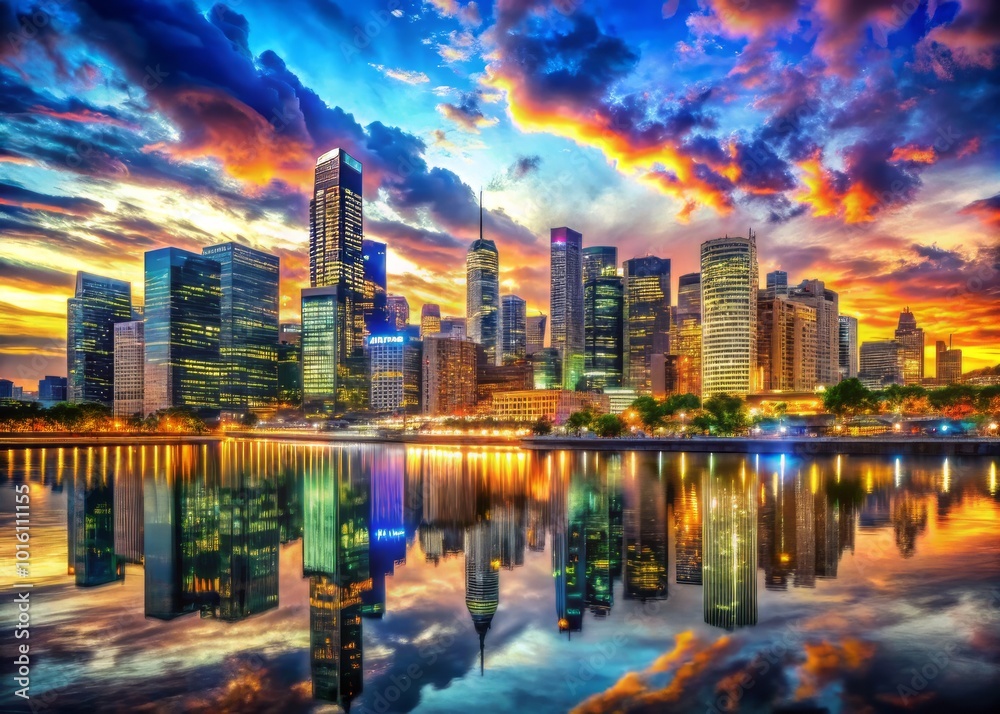 Stunning Evening City Skyline with HDR Embankment View for Urban Landscape Illustration