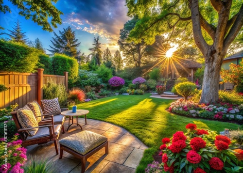 Stunning HDR Backyard Oasis with Lush Greenery and Vibrant Flowers