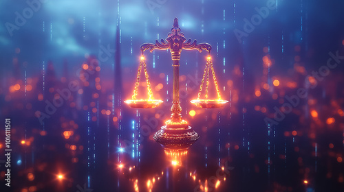 A glowing scale of justice stands prominently, symbolizing the importance of digital rights and unbiased artificial intelligence in shaping online legal frameworks and advocacy efforts