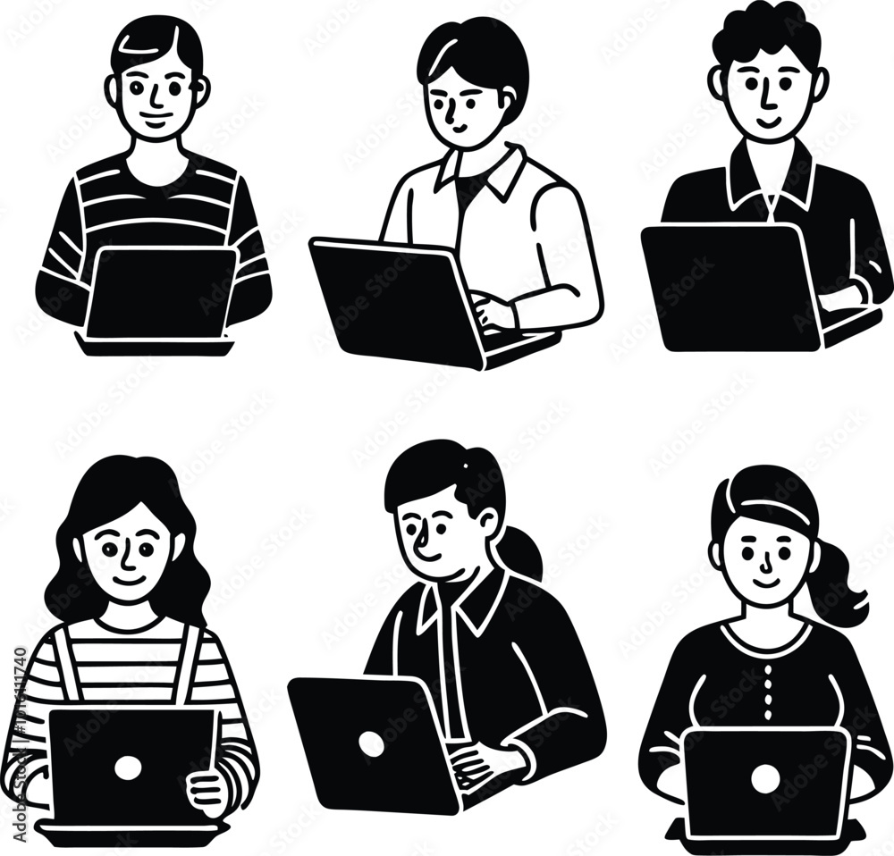 A set of different style of people with laptop vector illustration silhouette A set of different style of people with laptop vector illustration silhouette