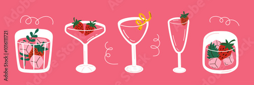Set of hand drawn cocktails with strawberry. Colourful cartoon drinks in different types of glasses on pink background. Vector illustration.