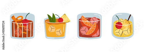 Cartoon cocktails in old-fashioned glasses. Vector illustration. Hand drawn alcohol and soft drinks isolated on white background.