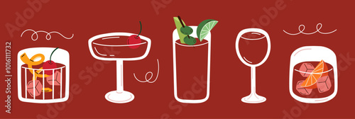 Set of hand drawn cocktails on red background. Colourful cartoon drinks in different types of glasses. Vector illustration of classical cocktails like wine, manhattan and negroni.