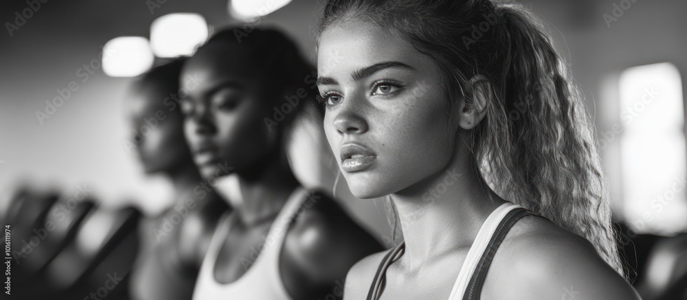 Three women in a gym, one in focus looking to the side with the other two out of focus. Three women in a gym, one in focus looking to the side with the other two out of focus.