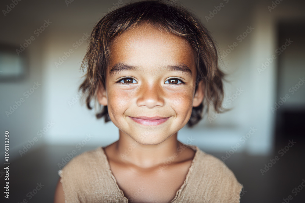 A warmly smiling child poses indoors, radiating innocence and warmth in a softly lit environment that accentuates the peacefulness of childhood moments. A warmly smiling child poses indoors, radiating innocence and warmth in a softly lit environment that accentuates the peacefulness of childhood moments.