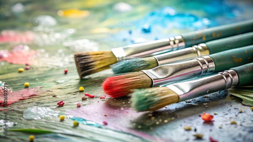 Vibrant artist brushes and paints are arranged in an abstract space, igniting creativity and inspiration through colorful chaos and expressive Vibrant artist brushes and paints are arranged in an abstract space, igniting creativity and inspiration through colorful chaos and expressive