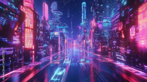 Futuristic cityscape with flying vehicles illuminated by neon signs during nighttime