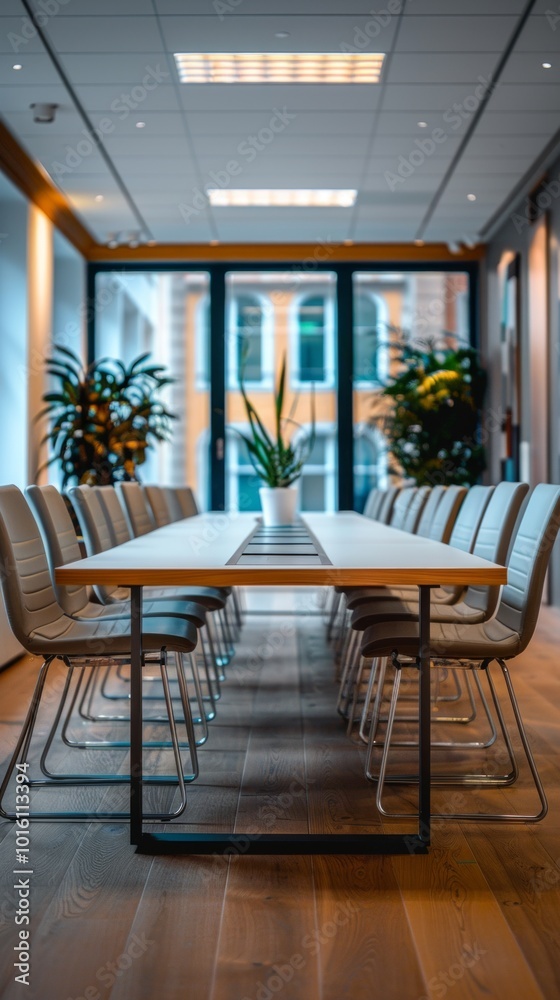 A modern conference room with a sleek, minimalist design; wooden table, grey-white chairs, potted plants, ample natural light, serene ambiance for focus and productivity. A modern conference room with a sleek, minimalist design; wooden table, grey-white chairs, potted plants, ample natural light, serene ambiance for focus and productivity.