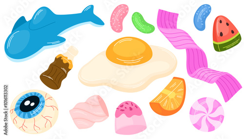 Gummy candies set. Chewy jelly bears, worms, egg, lips and bottle. Sweet funny confectionery, chewing snacks. Sugar fruit treats, gum confections. Flat vector illustration isolated on white background