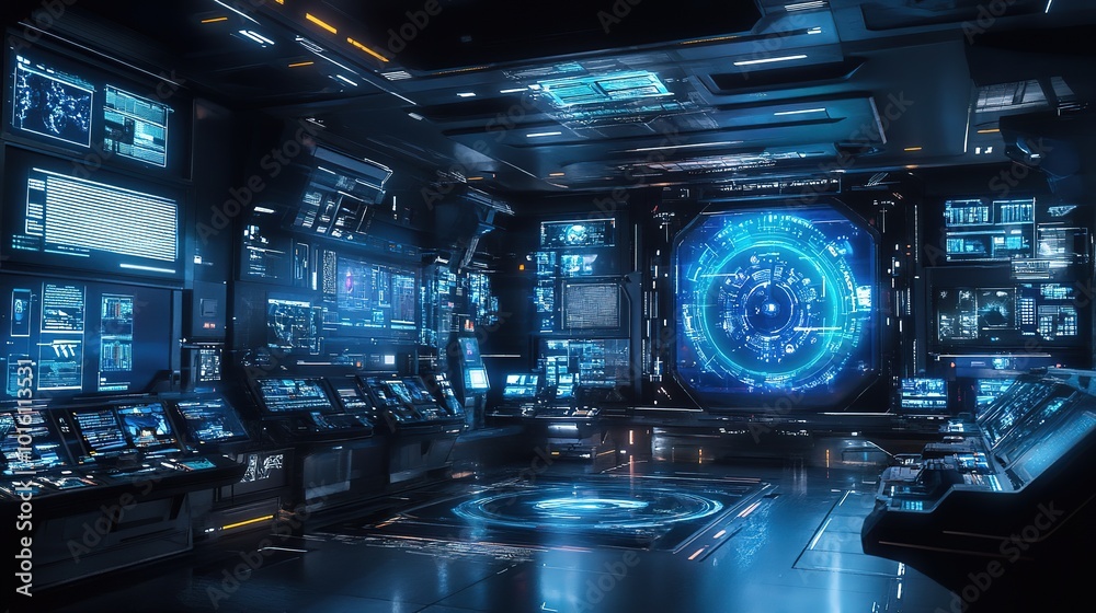 Futuristic control room with advanced technology and holographic displays in a sleek, modern design Futuristic control room with advanced technology and holographic displays in a sleek, modern design