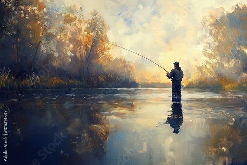 a fisherman with a fishing rod stands in the river