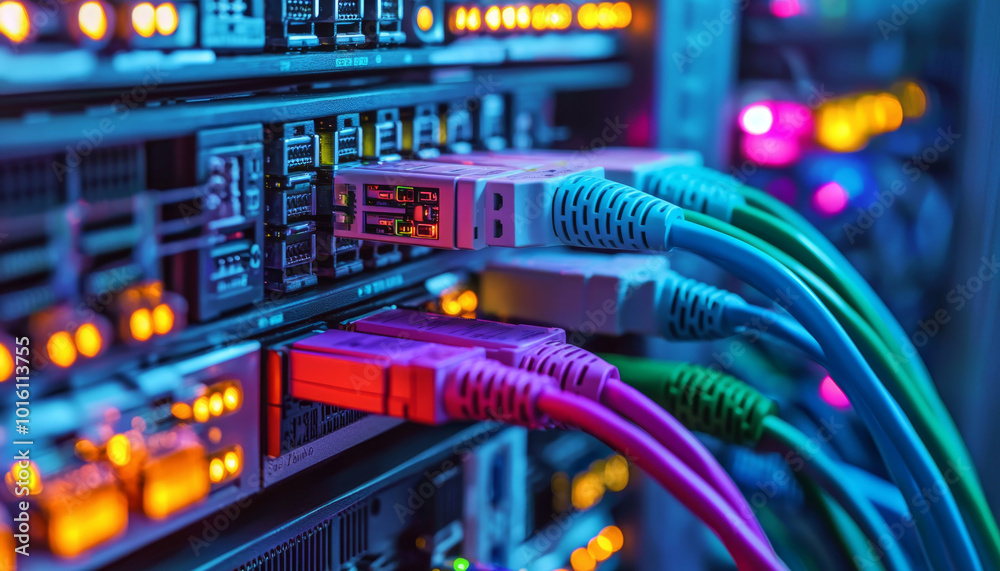 A close-up of network cables connected to a server, showcasing data connectivity and technology infrastructure. A close-up of network cables connected to a server, showcasing data connectivity and technology infrastructure.