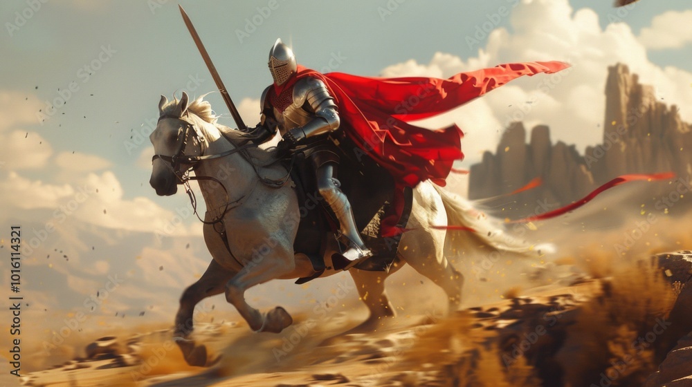 A heroic knight in red armor, riding a white horse in a desert landscape, brandishing a sword. Sand swirls around them, evoking a medieval fairytale. A heroic knight in red armor, riding a white horse in a desert landscape, brandishing a sword. Sand swirls around them, evoking a medieval fairytale.