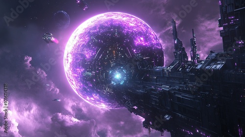 Fototapeta Naklejka Na Ścianę i Meble -  A massive, glowing purple celestial object dominates the scene above a dark, intricate space station in a distant galaxy