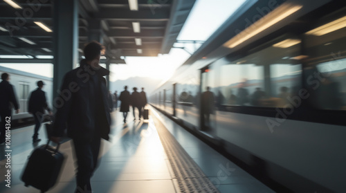 A blurry scene of everyday life at a busy city train station. Passengers rushing to catch trains