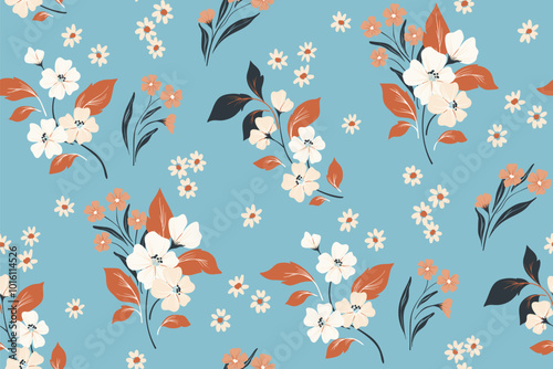 Seamless floral pattern, decorative ditsy print, abstract ornament in winter motif. Artistic botanical design: hand drawn small flowers branches, leaves falling on blue background. Vector illustration