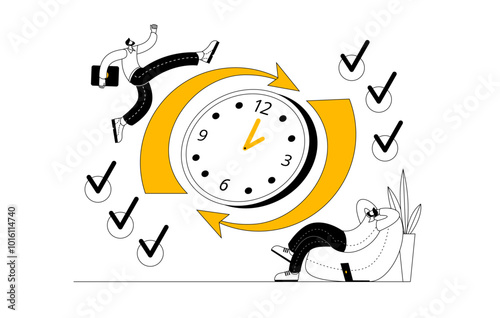 Big clock and two characters. Man resting and man in a hurry. Vector illustration of concept on time management and work-rest balance.