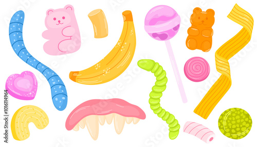 Gummy candies set. Jelly bean, chewy egg, worm, claws and teeth. Funny sweet snacks, kids gum confections. Confectionery, treats. Flat vector illustration isolated on white background