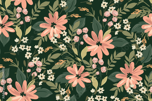 Seamless floral pattern, elegant ditsy print, abstract ornament with green blooming field in retro motif. Pretty botanical design: small hand drawn wild flowers, grass, leaves. Vector illustration.