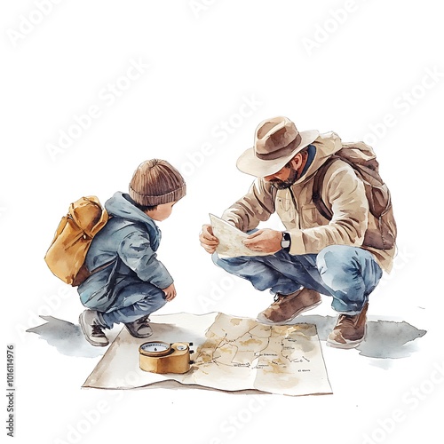 Father and Son Hiking Adventure, Watercolor Illustration. photo