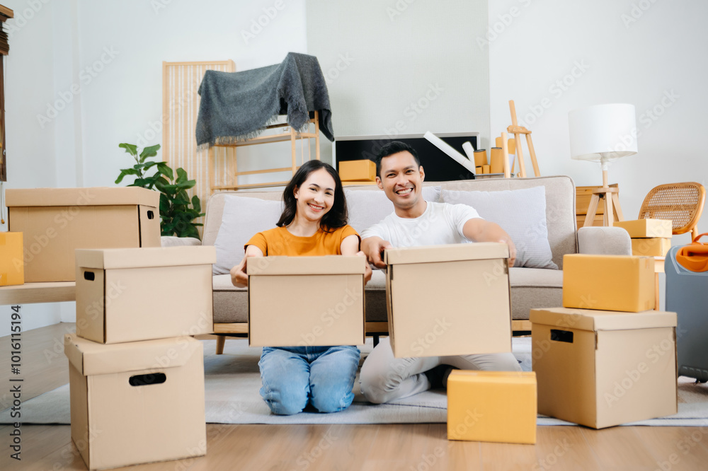 Young couple with big boxes moving into a new house, new apartment for couple, young man and woman helping to lift boxes on sofa for the new home, Moving house.. Young couple with big boxes moving into a new house, new apartment for couple, young man and woman helping to lift boxes on sofa for the new home, Moving house..