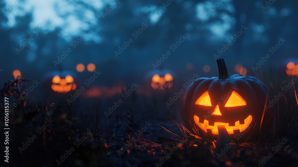 Halloween Jack o Lanterns in foggy night scene with selective focus Halloween Jack o Lanterns in foggy night scene with selective focus