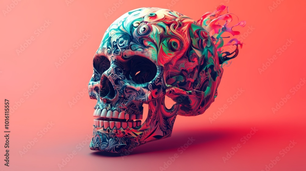 Colorful Abstract Skull 3D Render Human Skull with Swirls and Patterns Creative Design Colorful Abstract Skull 3D Render Human Skull with Swirls and Patterns Creative Design