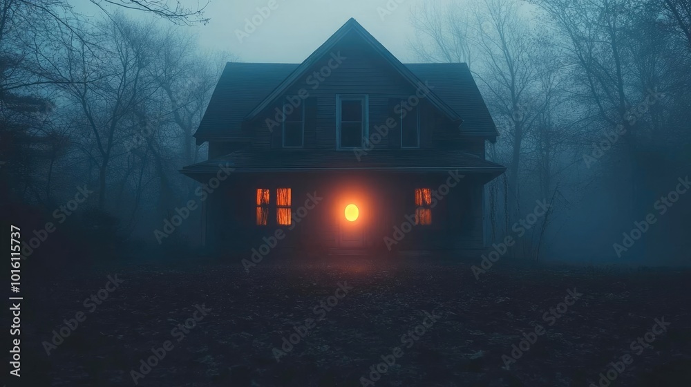 A haunting house shrouded in mist, illuminated by a warm glow from the windows, creating an eerie yet captivating atmosphere. A haunting house shrouded in mist, illuminated by a warm glow from the windows, creating an eerie yet captivating atmosphere.
